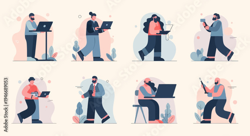 Diverse individuals engaged in various digital activities and creative pursuits