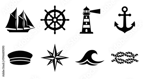 Nautical Icons Vector – Sailing, Maritime Navigation, Ocean Symbols, Seafaring Graphic