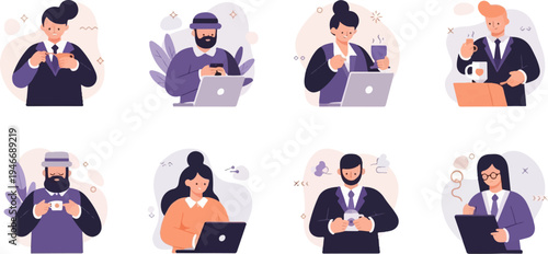 Diverse professionals taking breaks with coffee and laptops