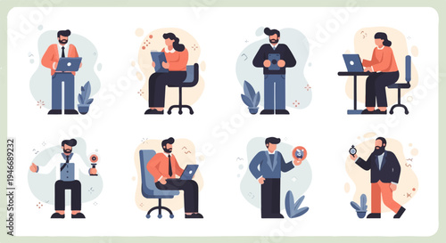 Diverse individuals engaged in various professional tasks and activities