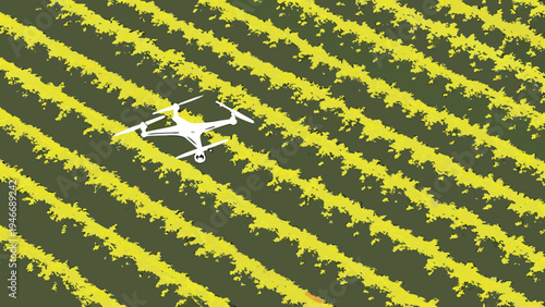 White drone flying over yellow agricultural crop rows in a high angle view for precision farming and smart technology monitoring digital illustration.