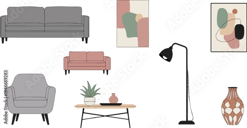 Minimalist living room objects sofa, armchair, lamp, coffee table, art, vase