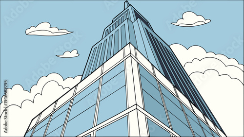 Skyscraper building illustration featuring a low angle perspective of a modern glass tower against a blue sky with white clouds in cartoon style.
