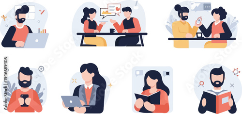Flat illustrations of people working, communicating, and reading digitally and physically
