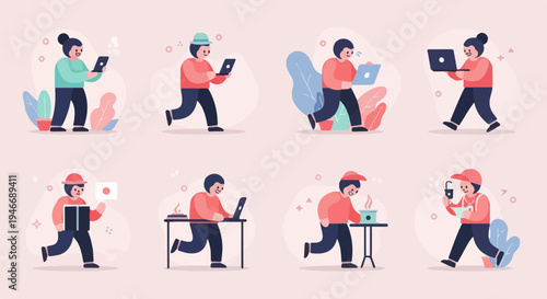 Diverse cartoon characters engaged in various activities, conveying hustle and productivity