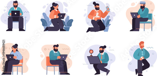 Diverse individuals focused on laptops and mobile devices in a digital world