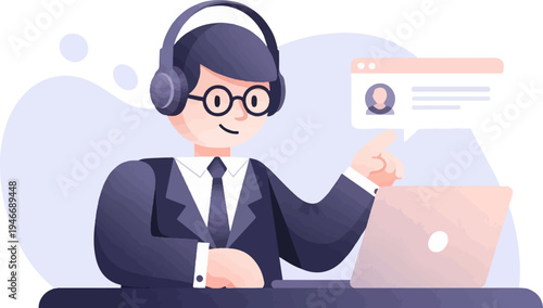 Person with headphones and glasses pointing at a laptop screen with chat bubble