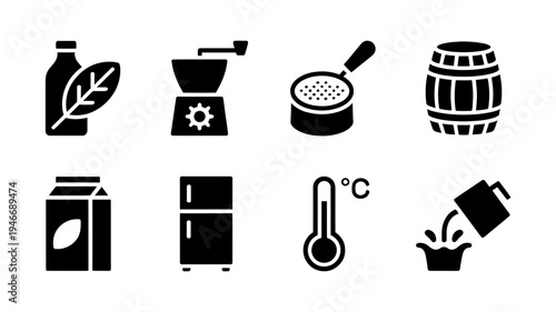 A useful assortment of icons related to food processing, dairy, temperature control, and storage in black silhouette.