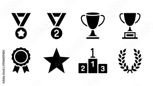 A powerful collection of solid black icons representing various awards, success, and competitive achievements.