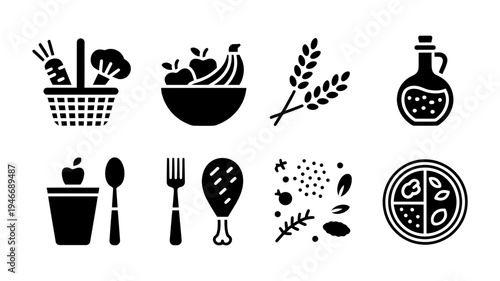 An illustrative collection of healthy food, fresh produce, and meal preparation icons in black silhouette.