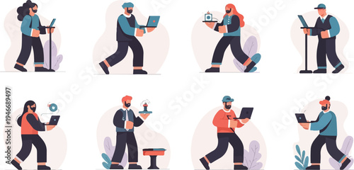 Diverse individuals interact with technology in a modern, flat design illustration