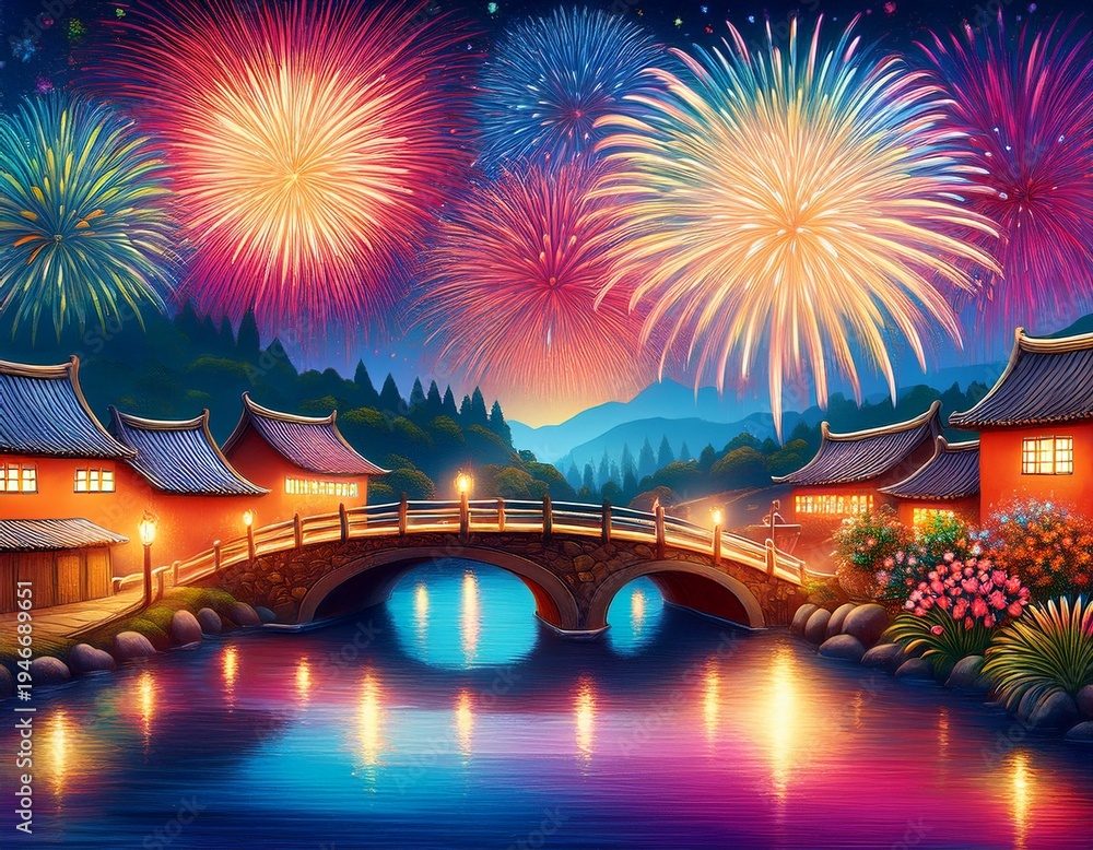 Fototapeta premium colorful night scene with fireworks over village and bridge