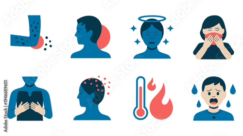 A collection of eight stylized blue and red icons representing common health symptoms and human conditions.