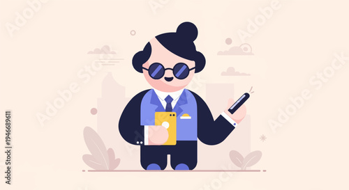 Stylized figure in business attire with a smartphone and a stylus