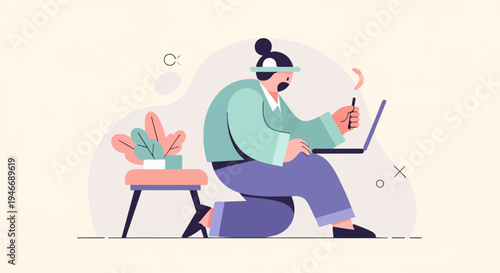 Stylized person with bun kneeling to use laptop near potted plant