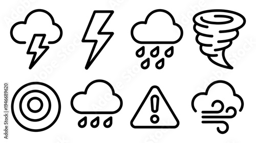 A concise set of eight outline weather and natural disaster icons for forecasts and warnings.