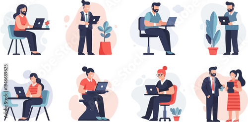 Diverse individuals working with laptops, engaging in collaborative discussions, and tending to office plants