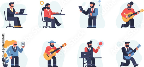 Diverse men engaged in work and leisure activities like playing guitar and using tech