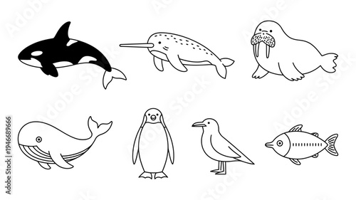 A charming vector illustration features various arctic and marine animals drawn in a simple outline style.