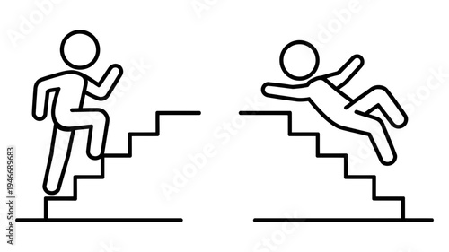 One stick figure is seen carefully climbing stairs while another falls dramatically down them.