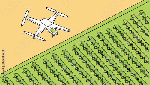 Agricultural drone flying over green crop rows in a field, minimalist vector illustration representing smart farming technology and precision agriculture for modern food production.