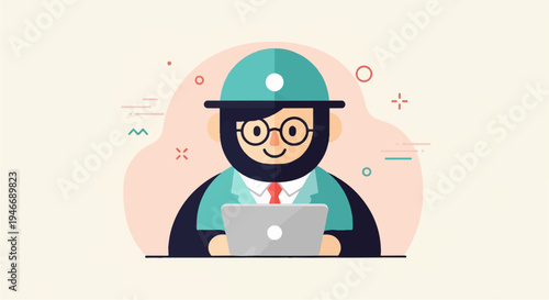 Animated person wearing a hat, glasses, and suit, using a laptop