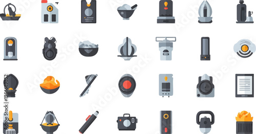 A grid of 30 flat icons depicting various objects, tools, and food items