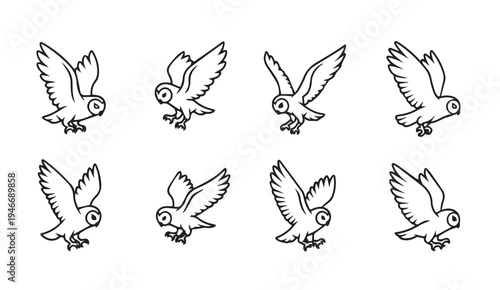 Cute Cartoon Owls Flying Sequence Animation Icons Set Line Art