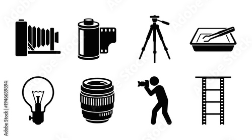 Photography Icons Vector – Cameras, Film, Lighting, Darkroom Tools, Creative Graphic