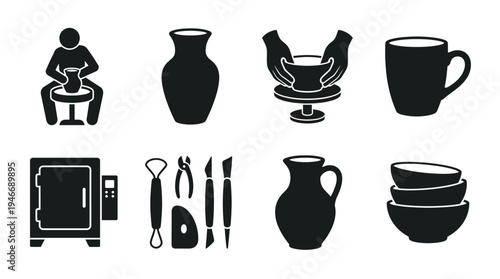 Pottery Icons Vector – Ceramics, Clay Shaping, Tools, Kiln, Finished Products Graphic