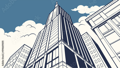 Skyscraper buildings in a low angle worm's eye view illustration featuring a vintage comic book style with navy blue and cream colors