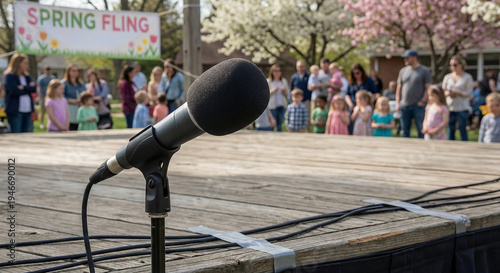 Microphone in foreground at outdoor Spring Fling event with audience  