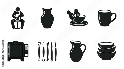 Pottery Icons Vector – Ceramics, Clay Shaping, Tools, Kiln, Finished Products Graphic