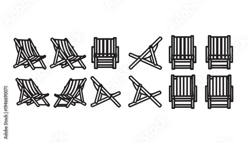 Deck Chairs Collection Various Angles and Positions Line Art Illustration
