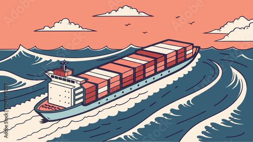 Cargo container ship sailing on ocean waves under a sunset sky, flat vector illustration representing global logistics, maritime trade, and international supply chain.