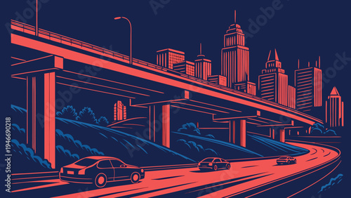 Modern city skyline vector illustration featuring a highway with cars driving under a large bridge overpass at night with tall urban skyscrapers