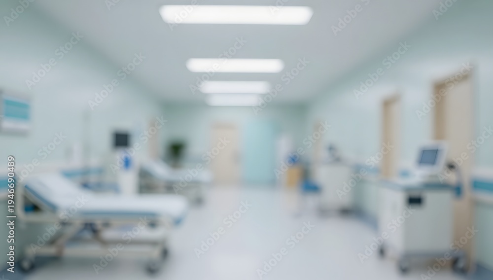 Fototapeta premium Blurred image of a hospital hallway with beds and medical equipment for generic medical use