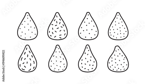 Eight abstract teardrop shapes with simple patterns black outlines on white background