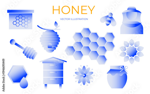 Honey and beekeeping elements set. Gradient vector icon collection isolated on light background. Honey production and apiary concept