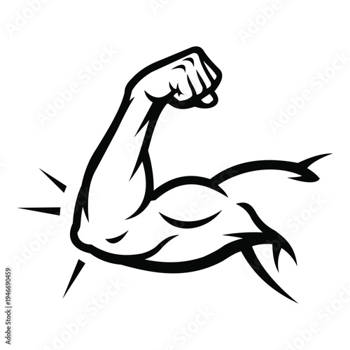 A black and white illustration of a flexed arm showing a muscular bicep