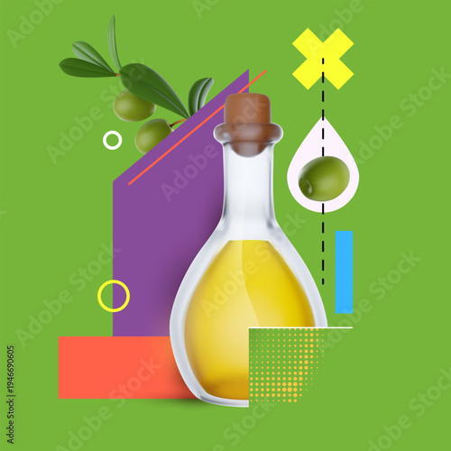 Modern 3D vector illustration featuring glass olive oil bottle with cork stopper, integrated with minimalist geometric blocks and fresh olive branches. Modern minimalistic composition includes droplet