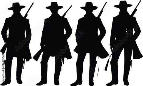 Vintage spy and detective figure silhouettes with weapons for mystery thriller editorial, crime fiction design, espionage themed media, and noir style creative projects