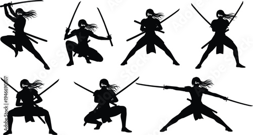 Female ninja warrior silhouette set with katana sword fighting poses, Japanese samurai woman fighter action martial arts character collection