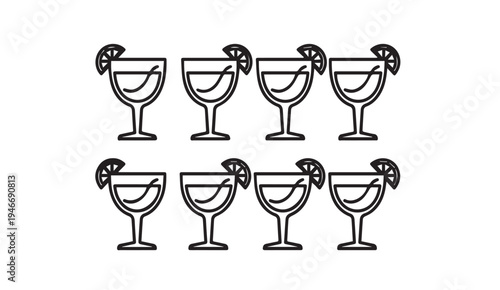 Eight Margarita Glasses with Lime Slices Pattern Outline Style Isolated