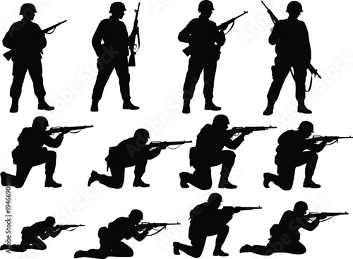 Military soldiers in dynamic combat action poses silhouette set for war editorial, defense training media, tactical game design, and armed forces awareness content