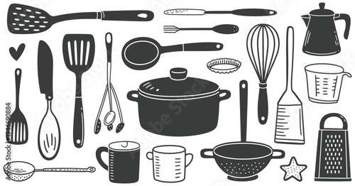 Cooking Pots and Frying Pan Icon Set, simple outline vector illustrations on white background, kitchen and cookware symbols