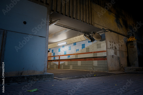 In the pitch-dark surroundings, there is a brightly lit tunnel entrance