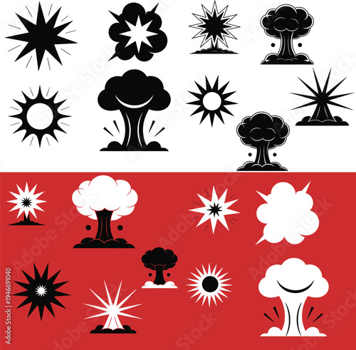  Nuclear explosion starburst and blast effect icon set for atomic threat awareness, war history education, defense policy media, and conflict impact editorial design