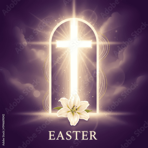 glowing cross in archway, easter symbol with lily on purple background and soft light