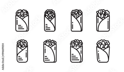 Eight Simple Outline Icons of Burritos and Wraps on White Background